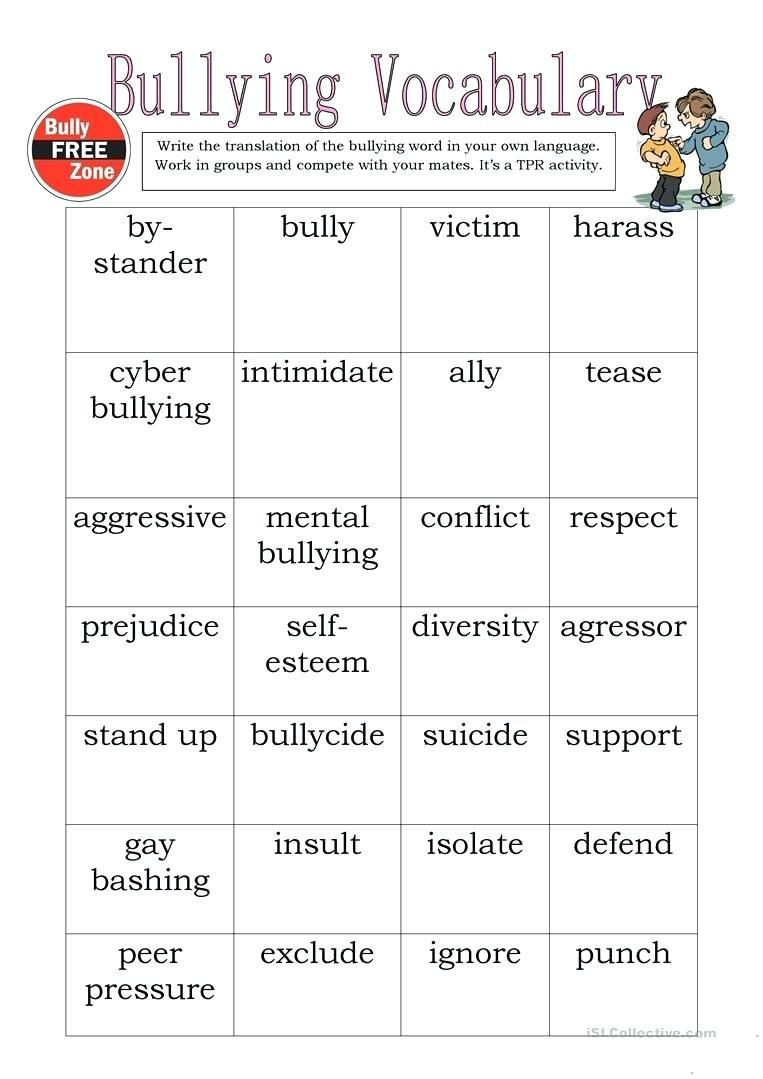 Bullying Lesson Plans Bully Worksheets Bullying Vocabulary Full Screen