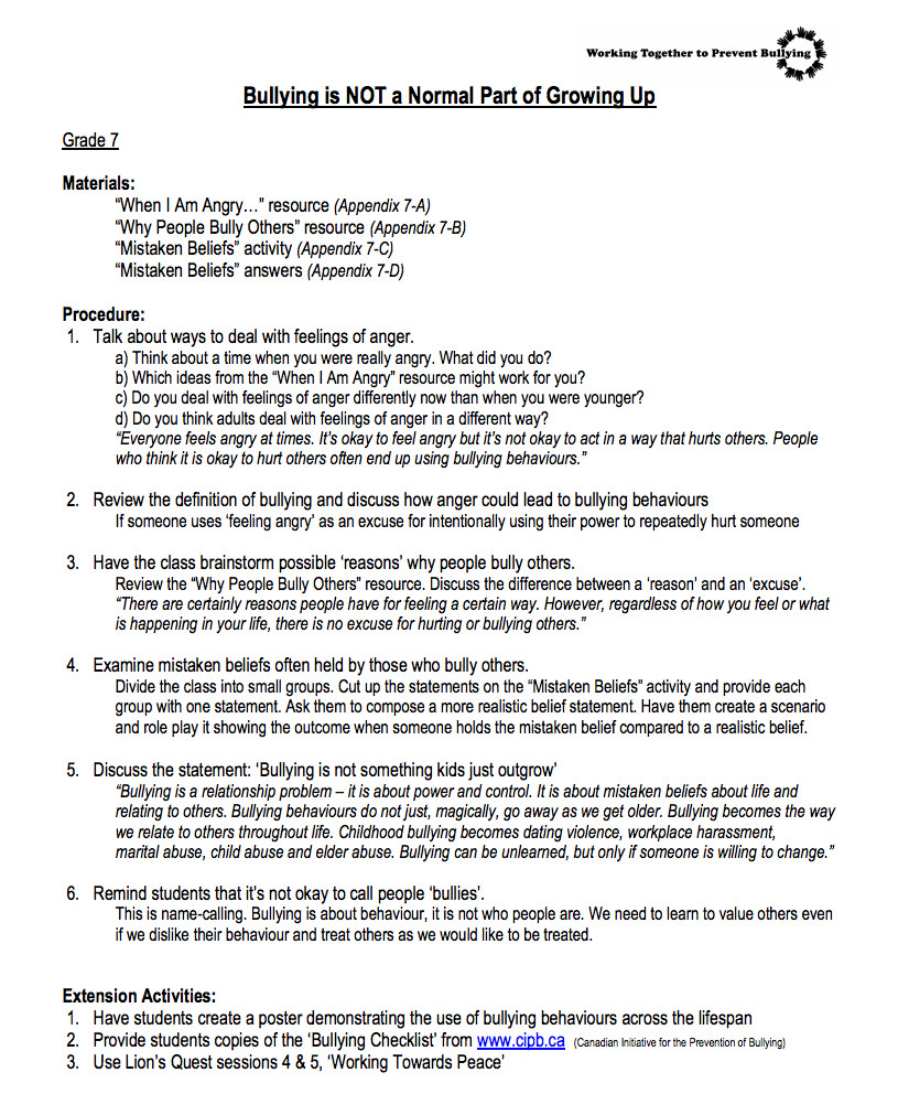 Bullying Lesson Plans Bullying is Not A normal Part Of Growing Up—7th Grade