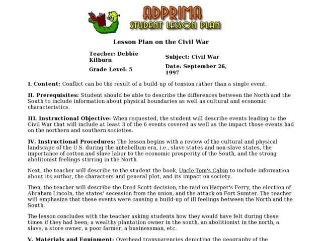 Civil War Lesson Plans Lesson Plan On the Civil War Lesson Plan for 5th Grade