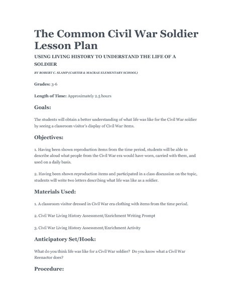 Civil War Lesson Plans the Mon Civil War sol R Lesson Plan for 3rd 6th
