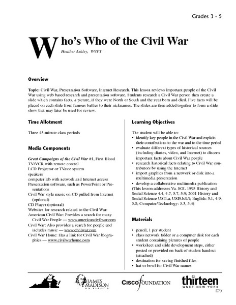 Civil War Lesson Plans who S who Of the Civil War Lesson Plan for 3rd 5th Grade