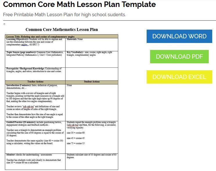 Common Core Lesson Plans Mon Core Math Lesson Plan Template