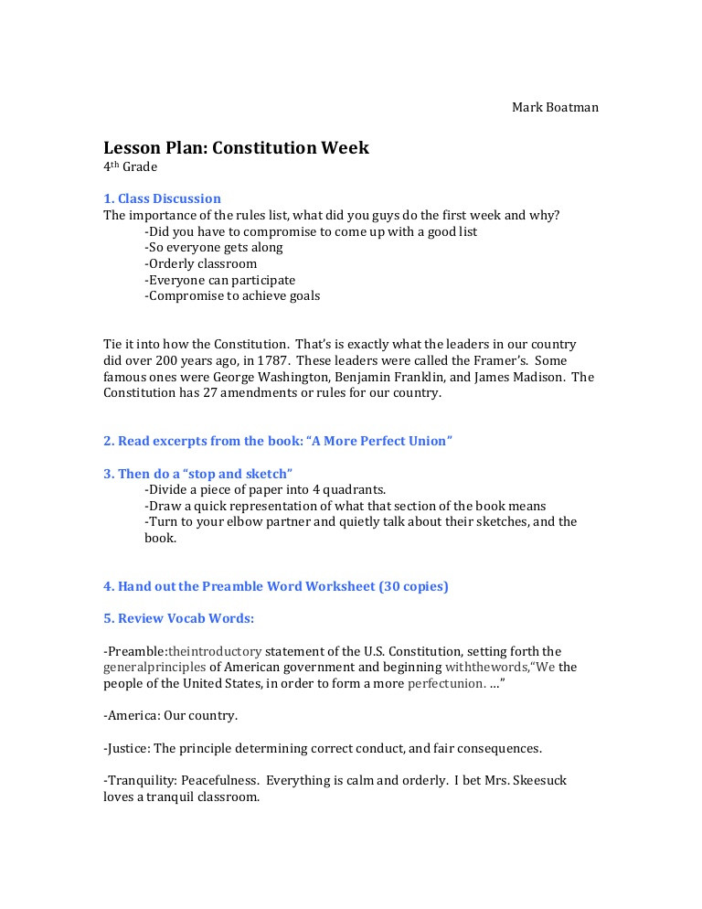 Constitution Lesson Plans Constitution Lesson Plan 4th Grade
