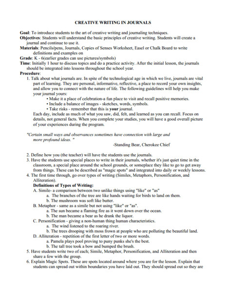Creative Writing Lesson Plan Creative Writing In Journals Lesson Plan for 4th 6th