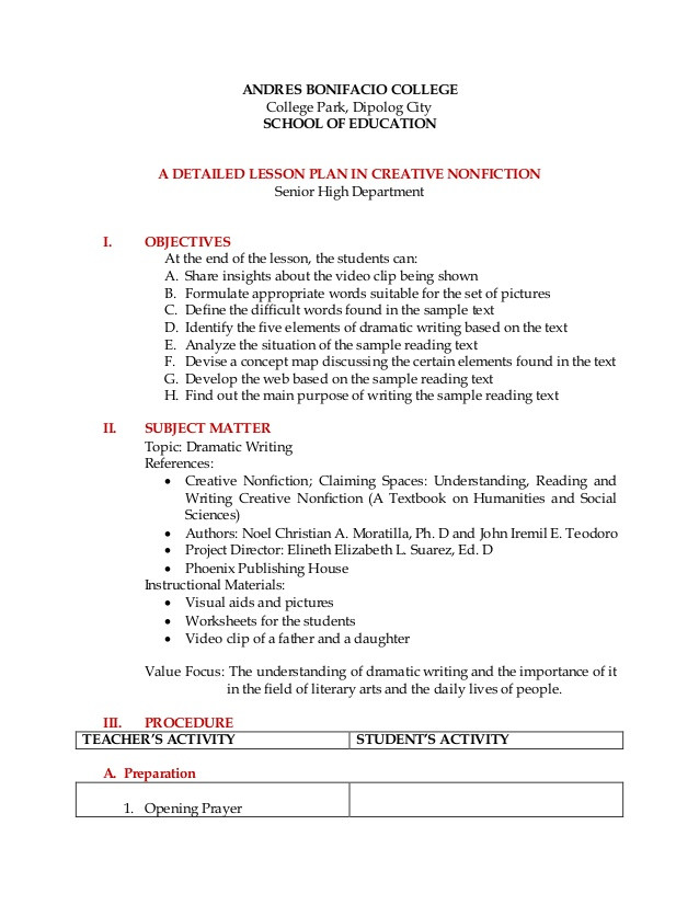 Creative Writing Lesson Plan Detailed Lesson Plan Creative Nonfiction Dramatic Writing