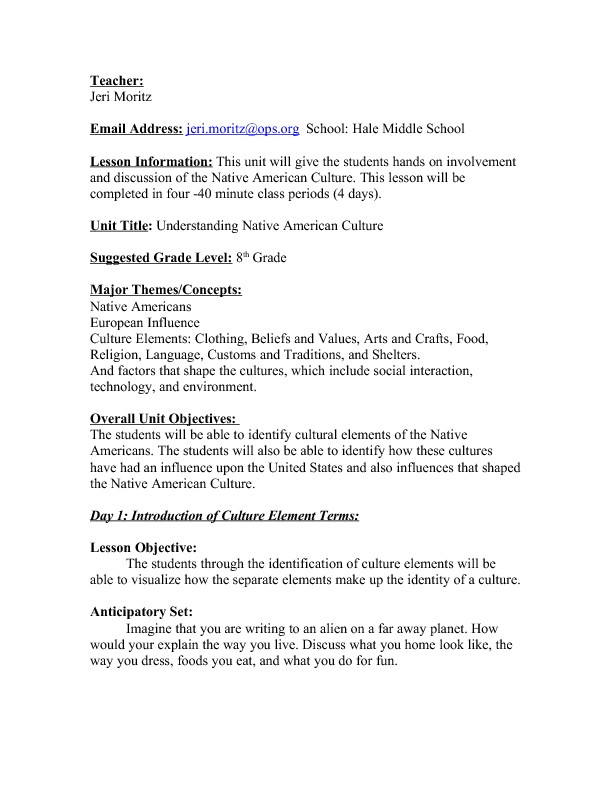 Culture Lesson Plans Understanding Native American Culture Lesson Plan for 9th