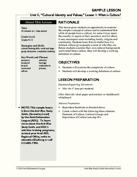 Culture Lesson Plans What is Culture Lesson Plan for 9th 12th Grade