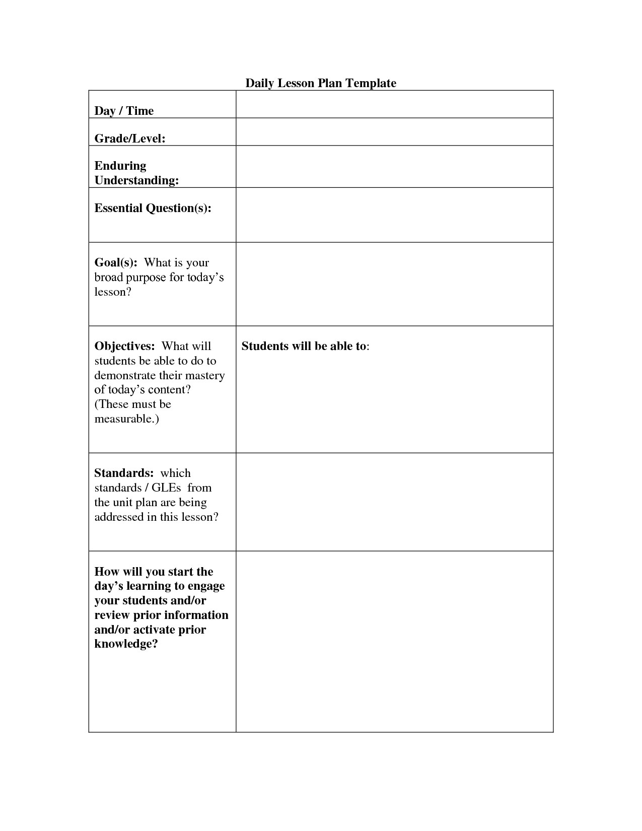Daily Lesson Plan Daily Lesson Plan Template