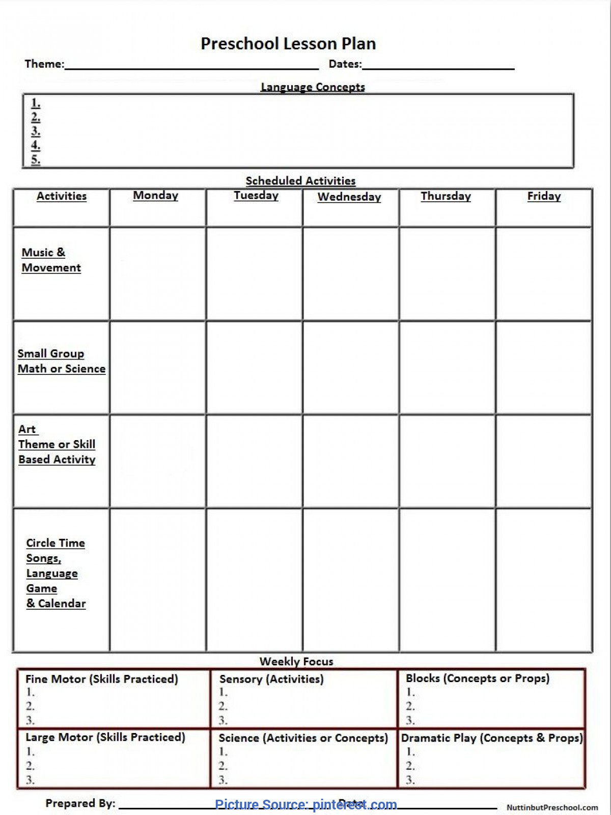 Daily Lesson Plan Simple Lesson Plan Template Pre K Blank Preschool Weekly