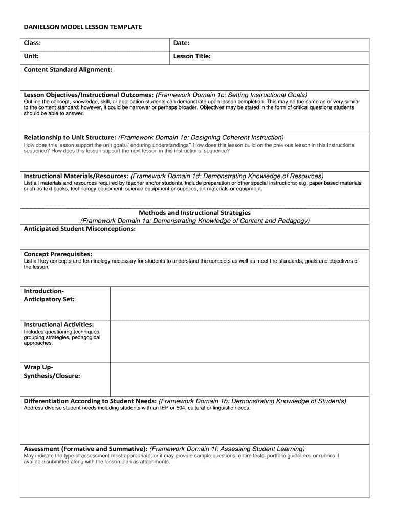 Danielson Lesson Plan Template Danielson Template Fill Out and Sign Printable Pdf