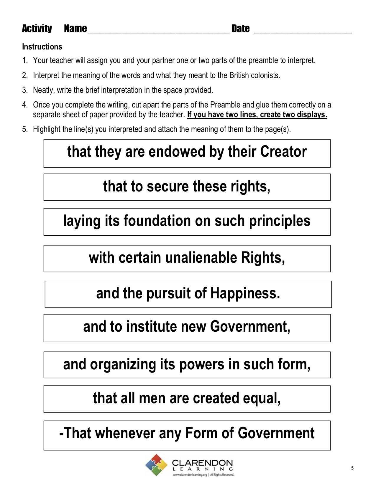 Declaration Of Independence Lesson Plan the Declaration Of Independence Lesson Plan