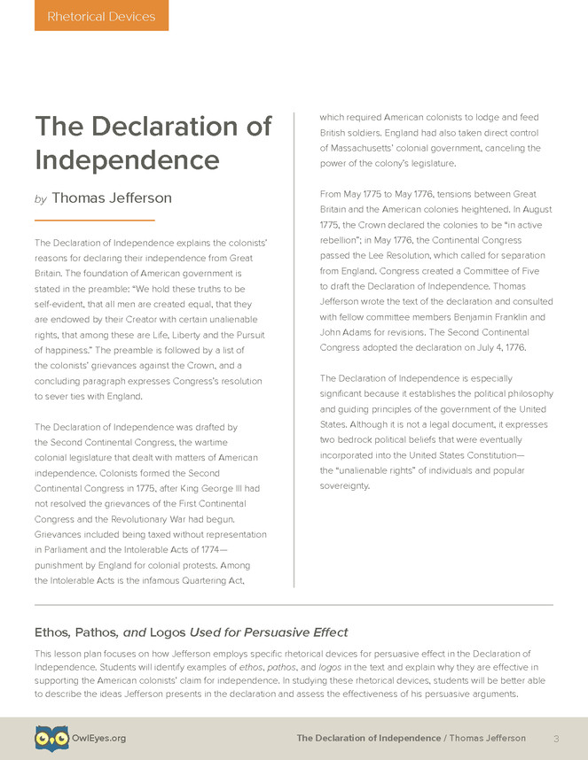 Declaration Of Independence Lesson Plan the Declaration Of Independence Lesson Plan Owl Eyes