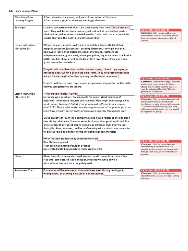 Differentiated Lesson Plan Differentiated Lesson Plan Chart