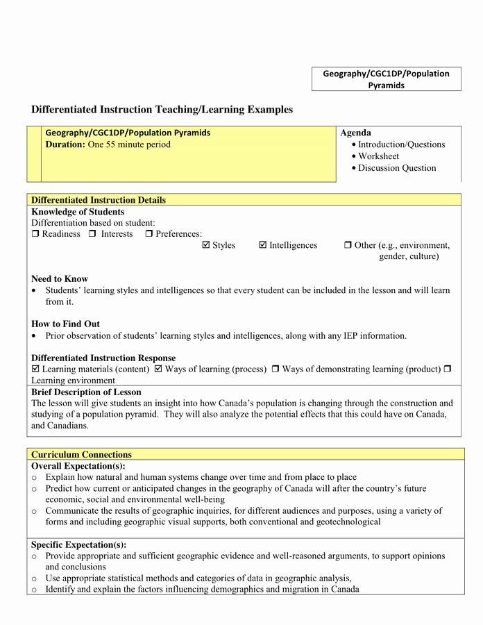Differentiated Lesson Plan Example Differentiated Instruction Lesson Plan Template Lovely