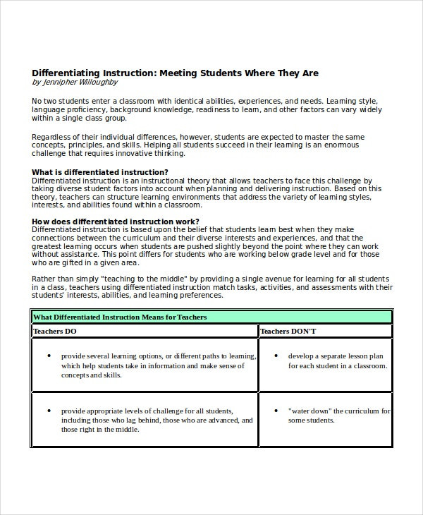 Differentiated Lesson Plan Example Differentiated Instruction Template 7 Free Word Pdf