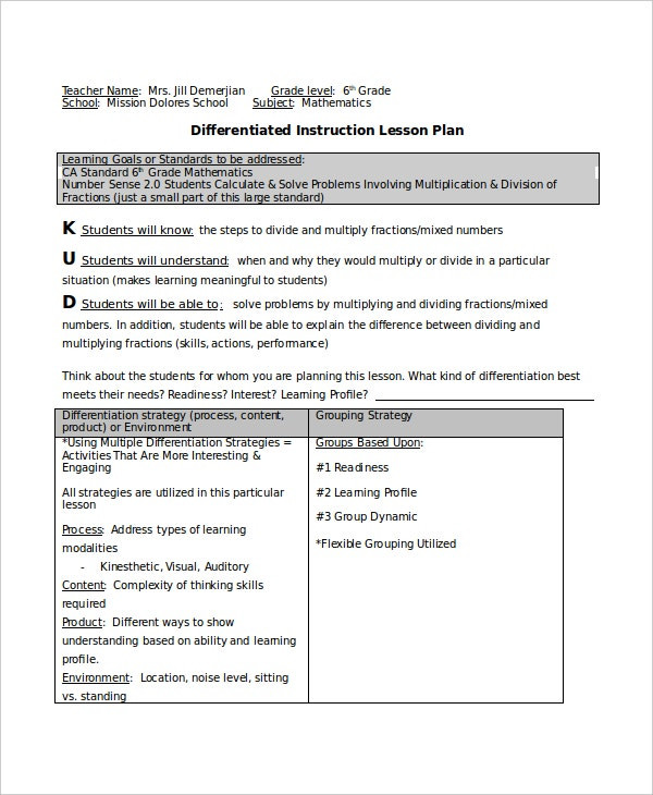 Differentiated Lesson Plan Example Differentiated Instruction Template 7 Free Word Pdf