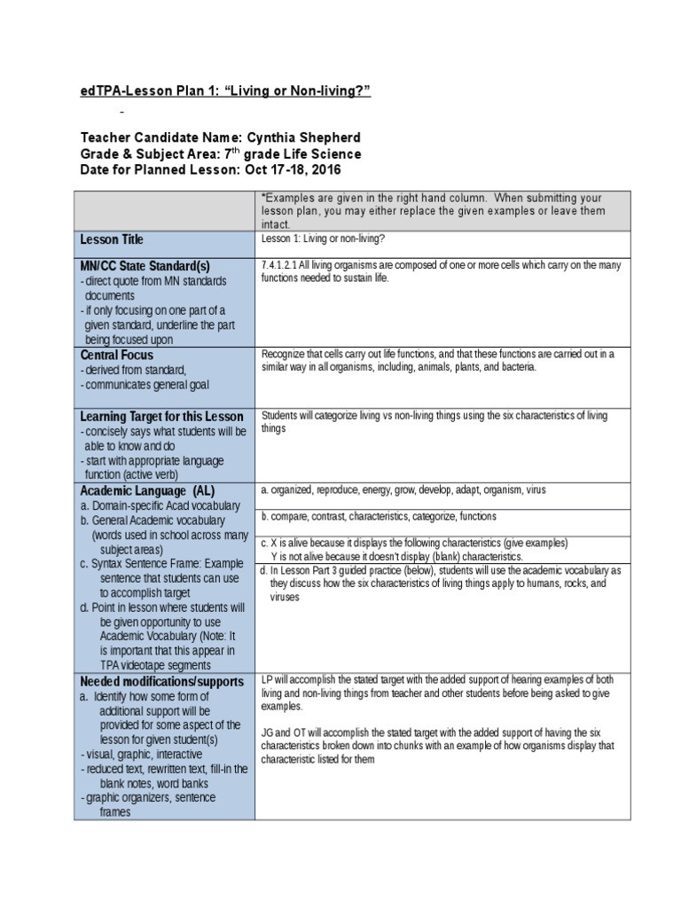 Edtpa Lesson Plan Example Edtpa Lesson Plan 1 3 Educational assessment