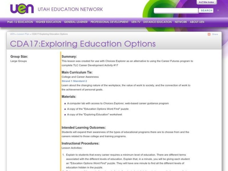 Edu Lesson Planet Exploring Education Options Lesson Plan for 9th 12th