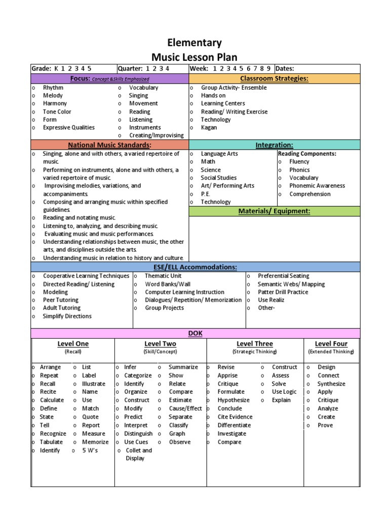 Elementary Lesson Plan Template Elementary Music Lesson Plan Template
