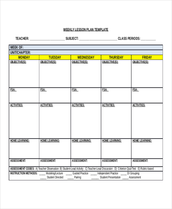 Elementary Lesson Plan Template Weekly Lesson Plan Template for Elementary Teachers for