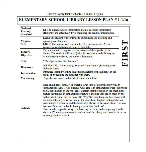 Elementary Library Lesson Plans Elementary Lesson Plan Template 11 Pdf Word format
