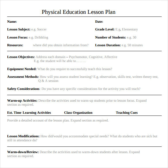 Elementary Pe Lesson Plans Free 14 Sample Physical Education Lesson Plan Templates
