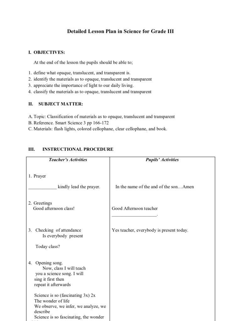 Elementary Science Lesson Plans Detailed Lesson Plan In Science for Grade Iii