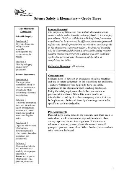 Elementary Science Lesson Plans Science Safety is Elementary Lesson Plan for 3rd Grade