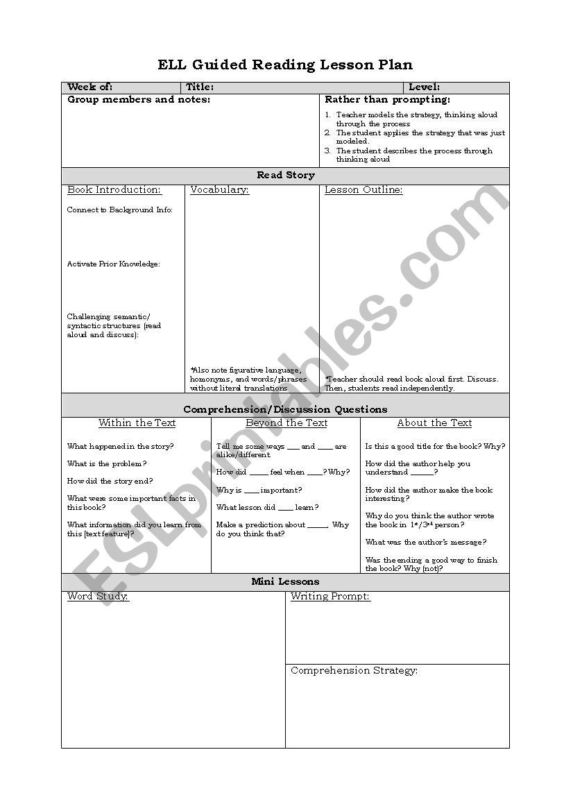 Ell Lesson Plans Ell Guided Reading Lesson Plan Template Esl Worksheet by