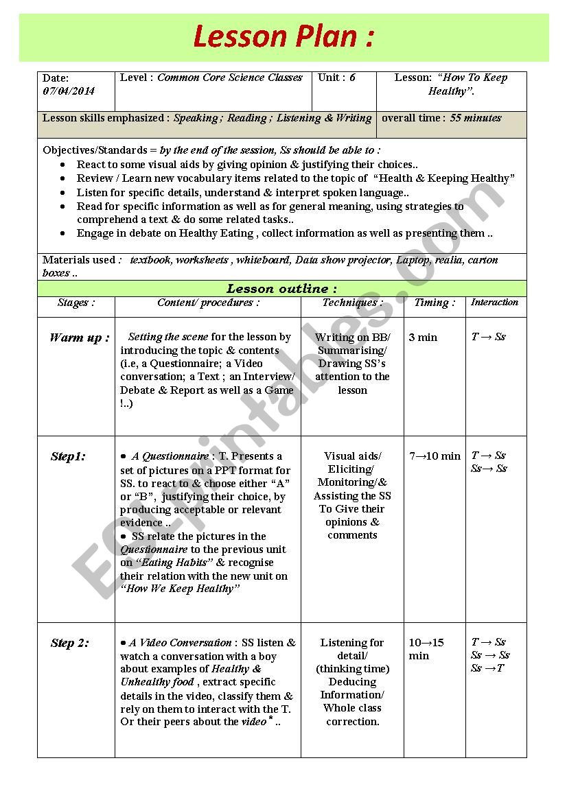 English Lesson Plan Lesson Plan for A Model Lesson Esl Worksheet by Medderraz