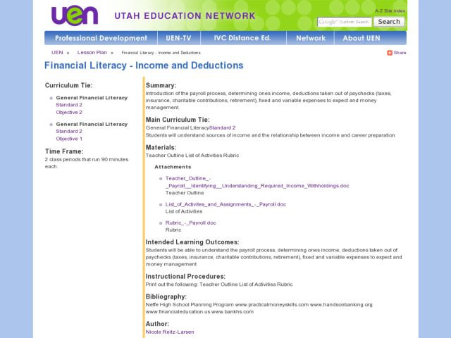 Financial Literacy Lesson Plans Financial Literacy In E and Deductions Lesson Plan for