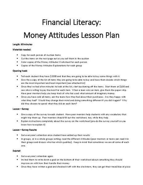 Financial Literacy Lesson Plans Financial Literacy Money attitudes Lesson Plan Lesson