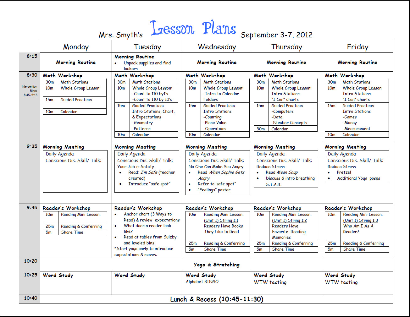 First Grade Lesson Plan Template First Week Lesson Plans First Grade