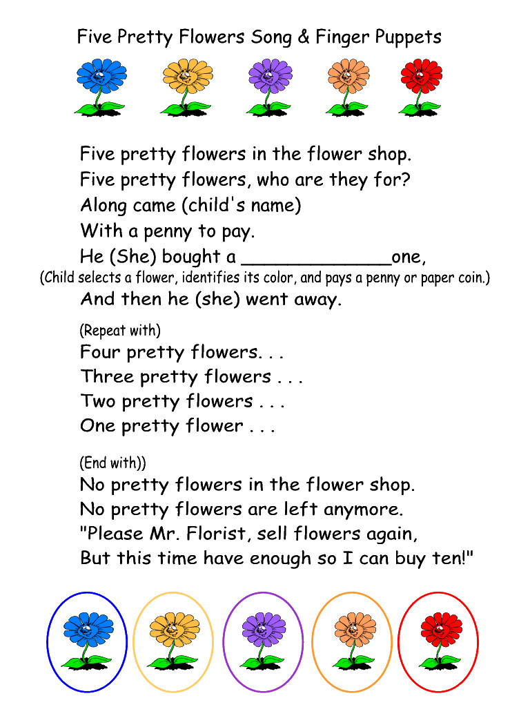 Gardening Lesson Plans for Preschool Five Pretty Flowers song &amp; Finger Puppets Printable and