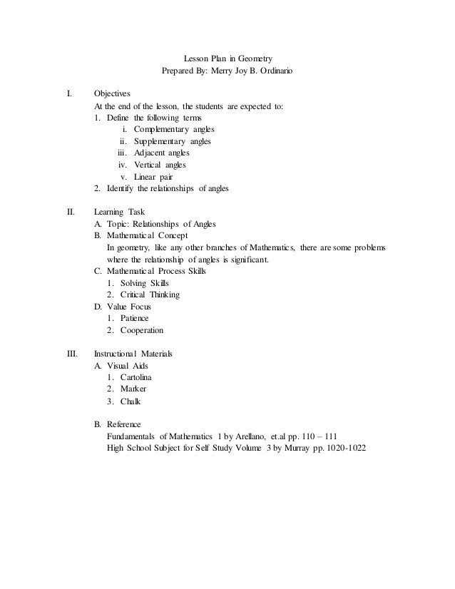 Geometry Lesson Plans Lesson Plan In Geometry Relationships Of Angles