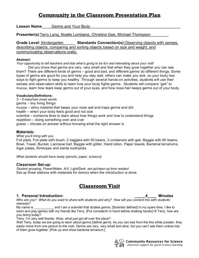 Germ Lesson Plans Germs and Your Body Lesson Plan for Kindergarten
