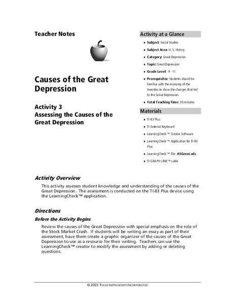 Great Depression Lesson Plans Causes Of the Great Depression Lesson Plan for 9th 11th