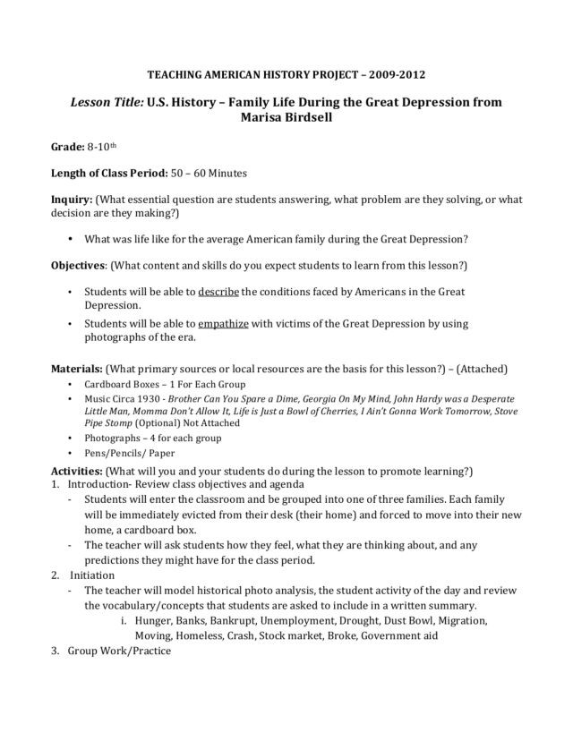 Great Depression Lesson Plans Family Life During the Great Depression Lesson Plan for