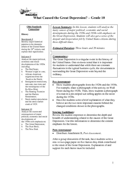 Great Depression Lesson Plans What Caused the Great Depression Lesson Plan for 10th