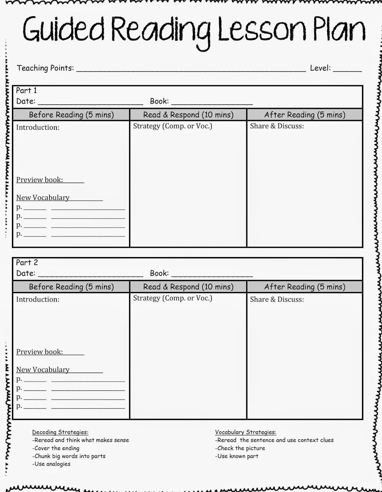 Guided Reading Lesson Plans Editable Guided Reading Template