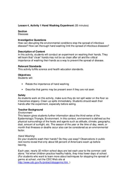 Hand Washing Lesson Plan Hand Washing Experiment Lesson Plan for 6th 8th Grade