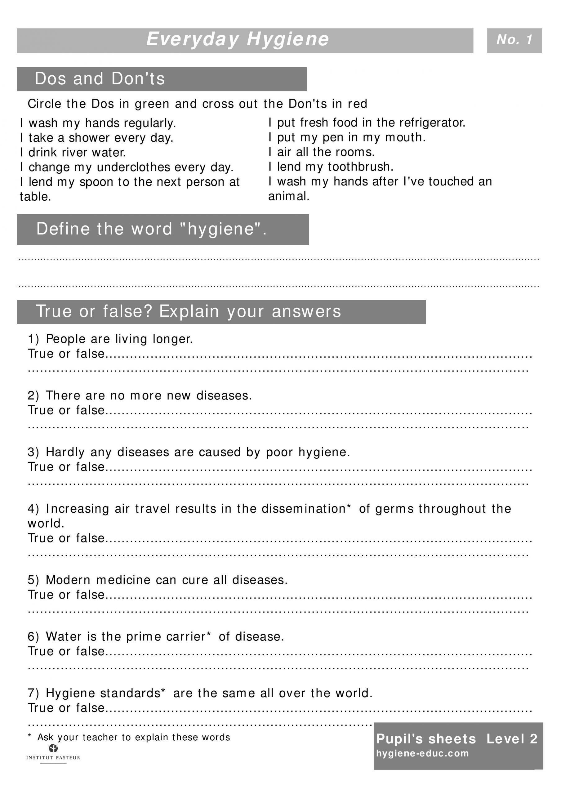 Health Lesson Plans Middle School Middle School Health Worksheets Pdf Everyday Hygiene