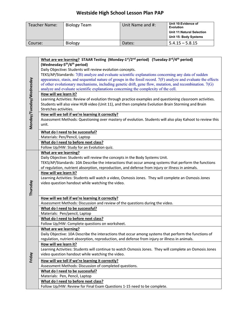 High School Biology Lesson Plans Daisy Blake