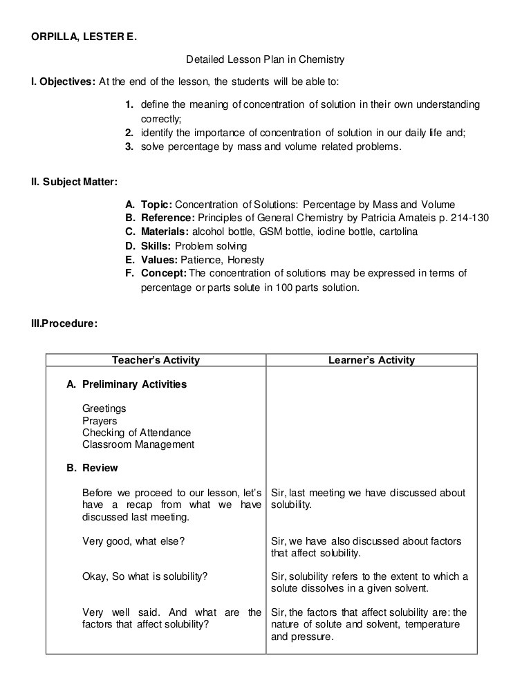 High School Chemistry Lesson Plans Detailed Lesson Plan In Chemistry