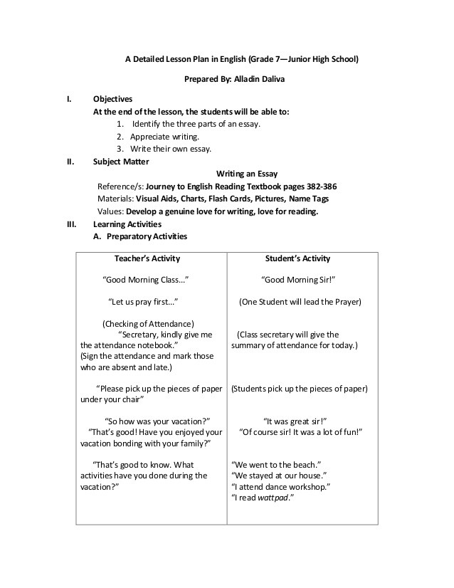 High School English Lesson Plans A Detailed Lesson Plan In English