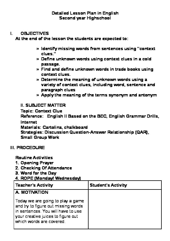 High School English Lesson Plans Doc Detailed Lesson Plan In English Second Year