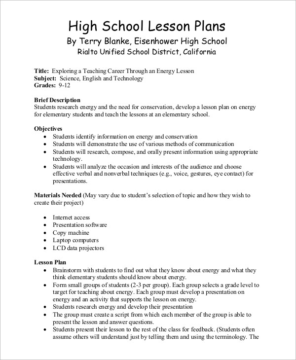 High School Lesson Plan Free 9 Sample Lesson Plan Templates In Ms Word