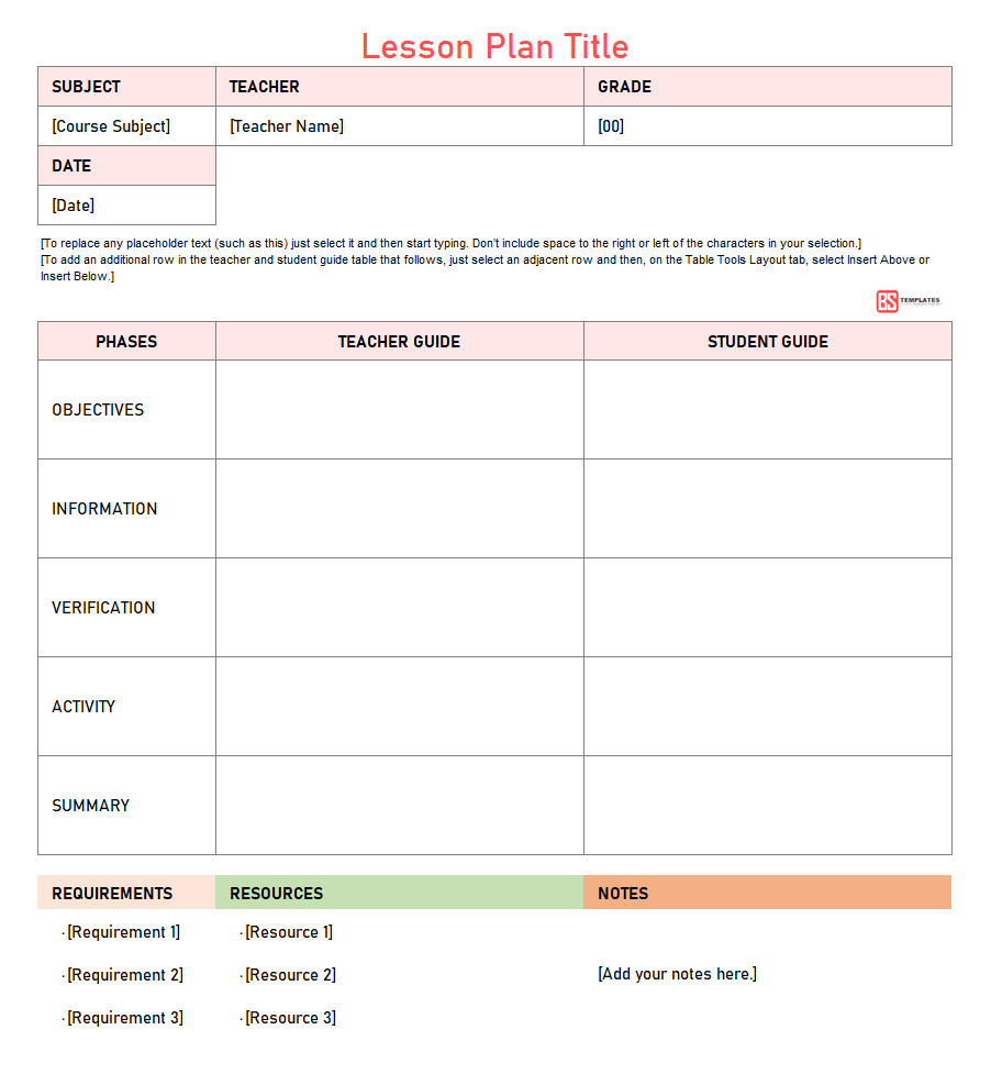 High School Lesson Plan School Plan Lesson Plan Template for Excel &amp; Word Daily