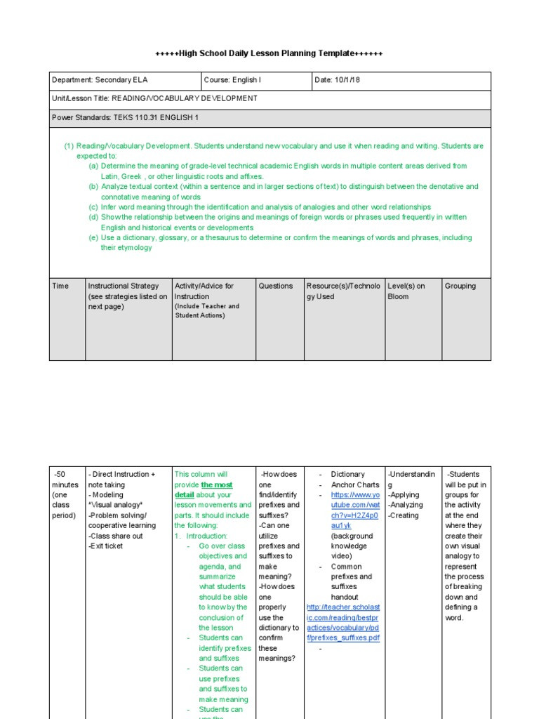 High School Lesson Plan Template High School Daily Lesson Planning Template Include