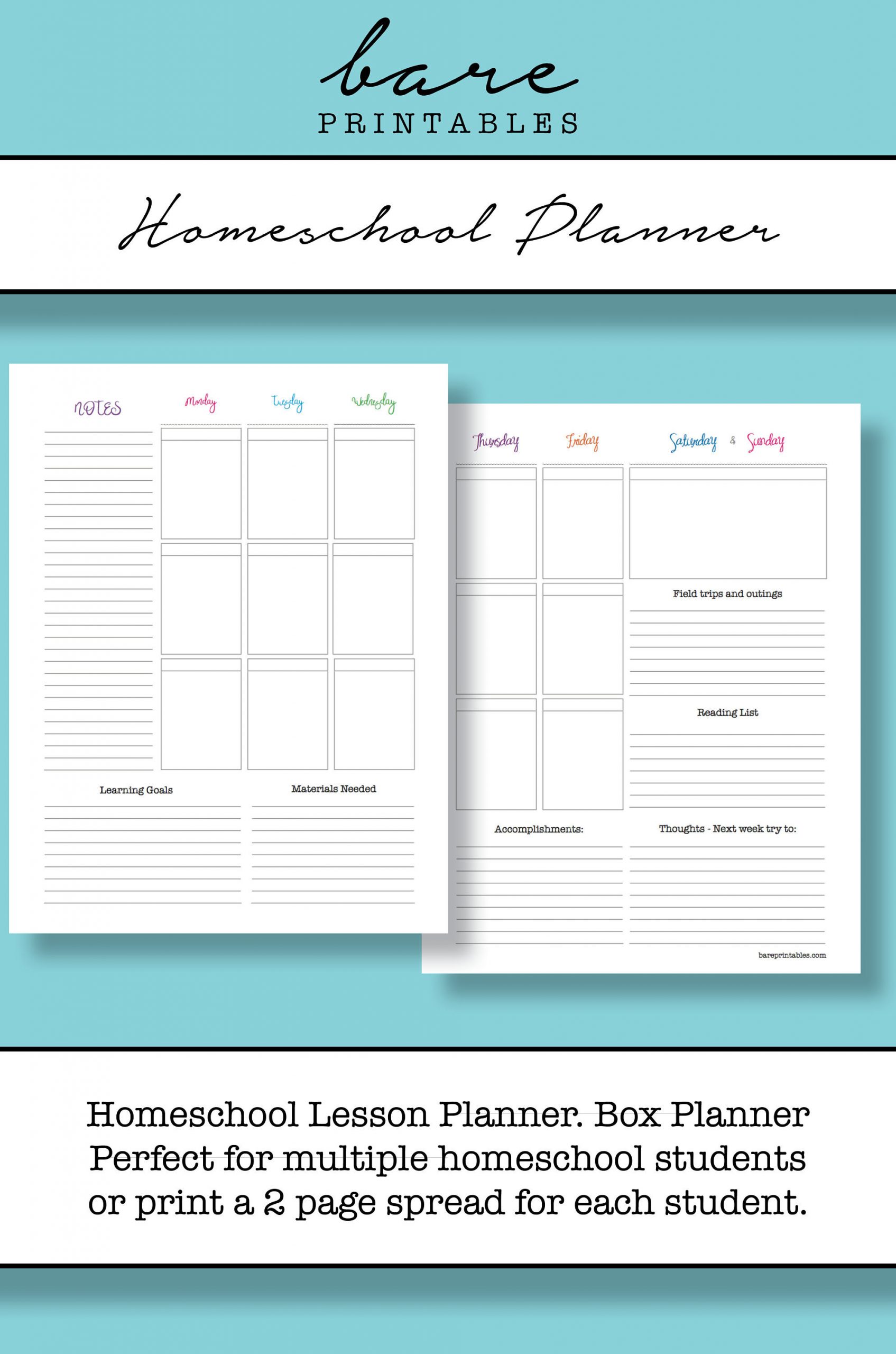 Homeschool Lesson Planner Homeschool Lesson Planner Weekly Box Planner Printable